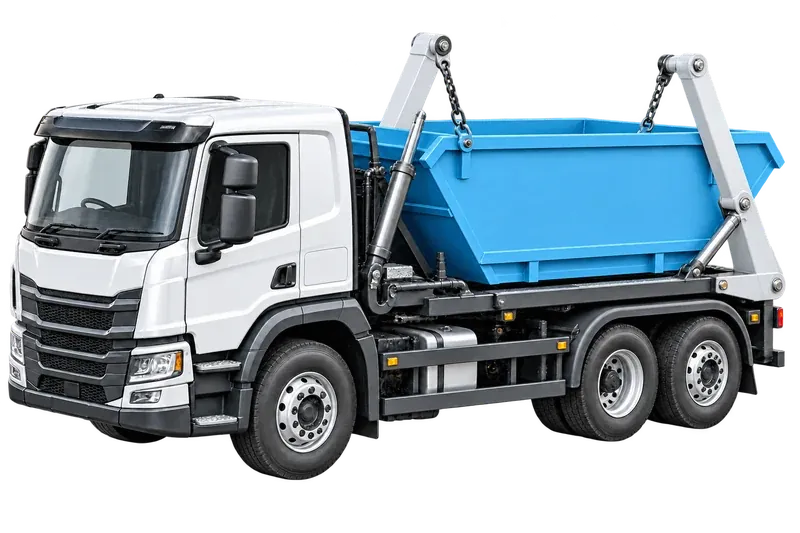 Illustration of a white and blue Skip Hire Dudley skip lorry